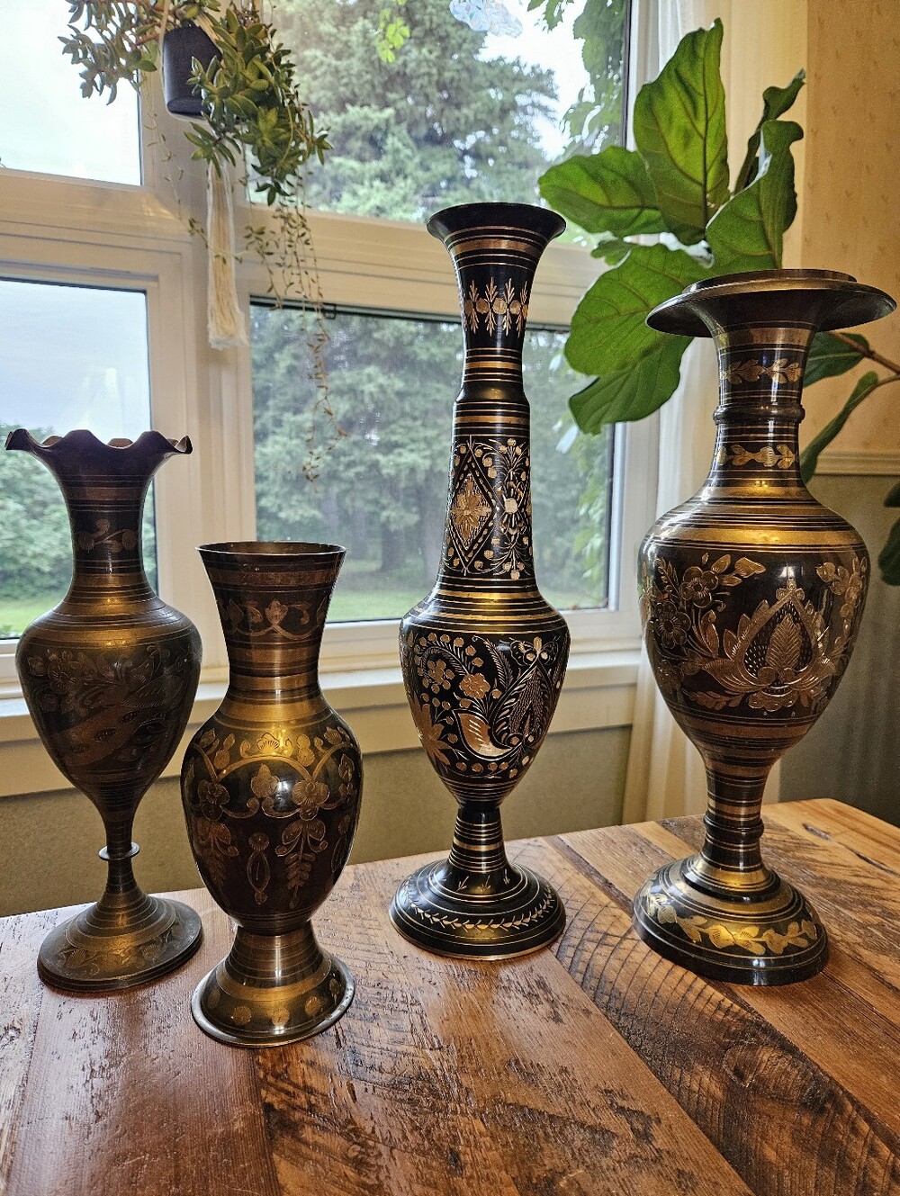 Vintage Brass Black Etched Vases (Lot of 4)